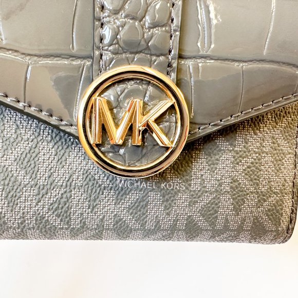 Michael Kors Carmen Medium Flap Bifold Wallet Embossed MK Signature Grey Multi - Picture 6 of 11